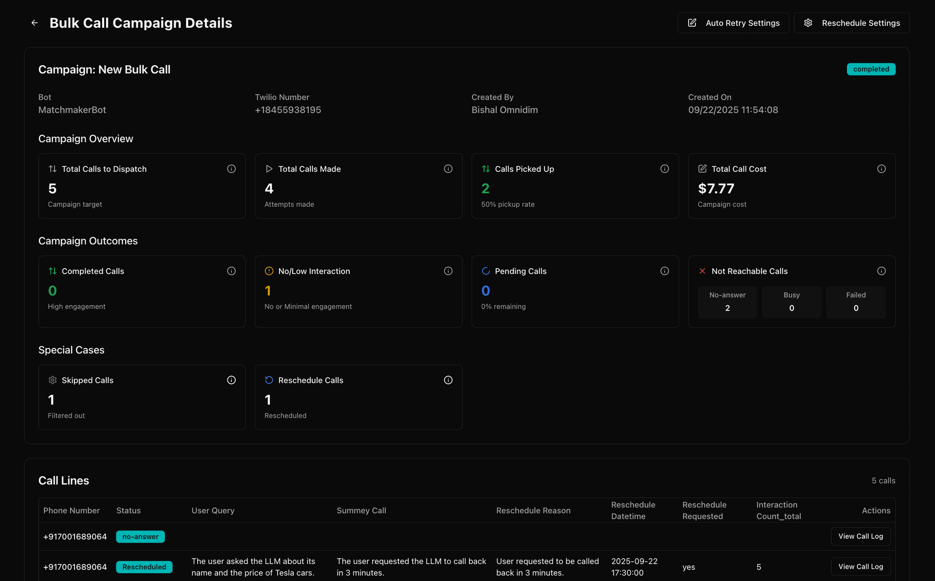 Bulk Call Campaign Management View