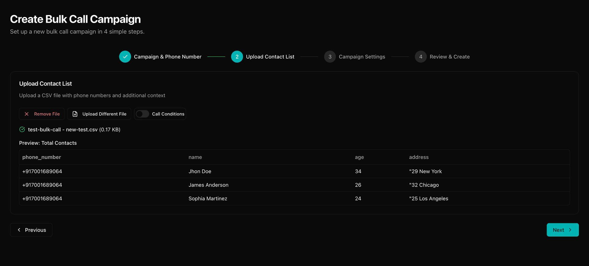 Bulk Call Step 2 - Upload CSV