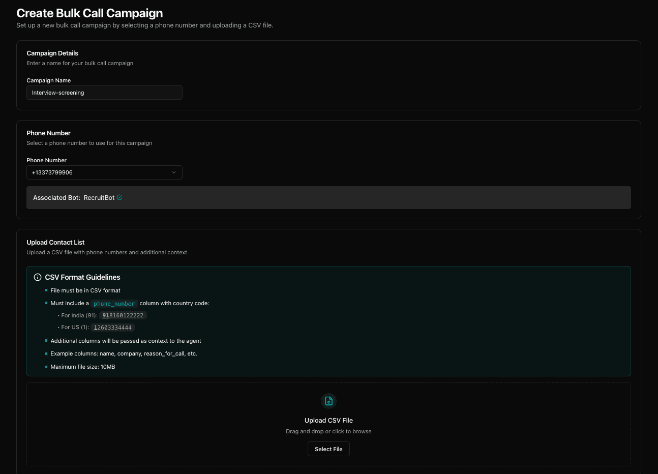 Bulk call campaign setup