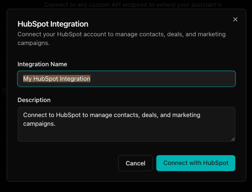 HubSpot integration setup modal