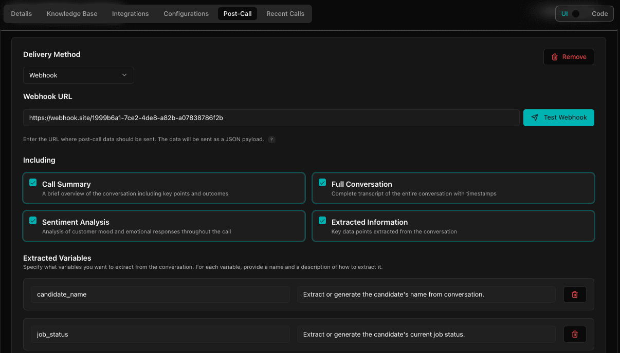 Webhook setup in dashboard