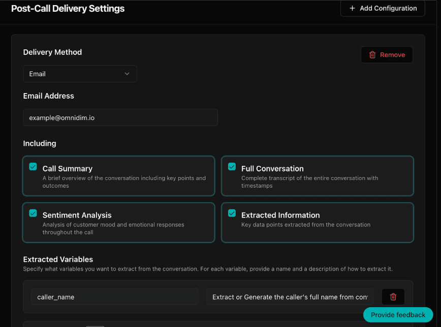 Post-call settings configuration