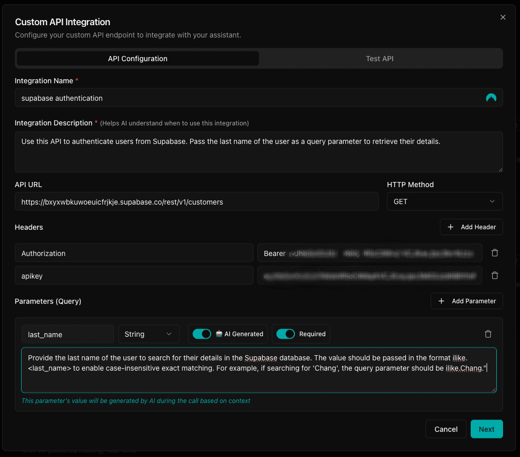 Supabase custom API integration