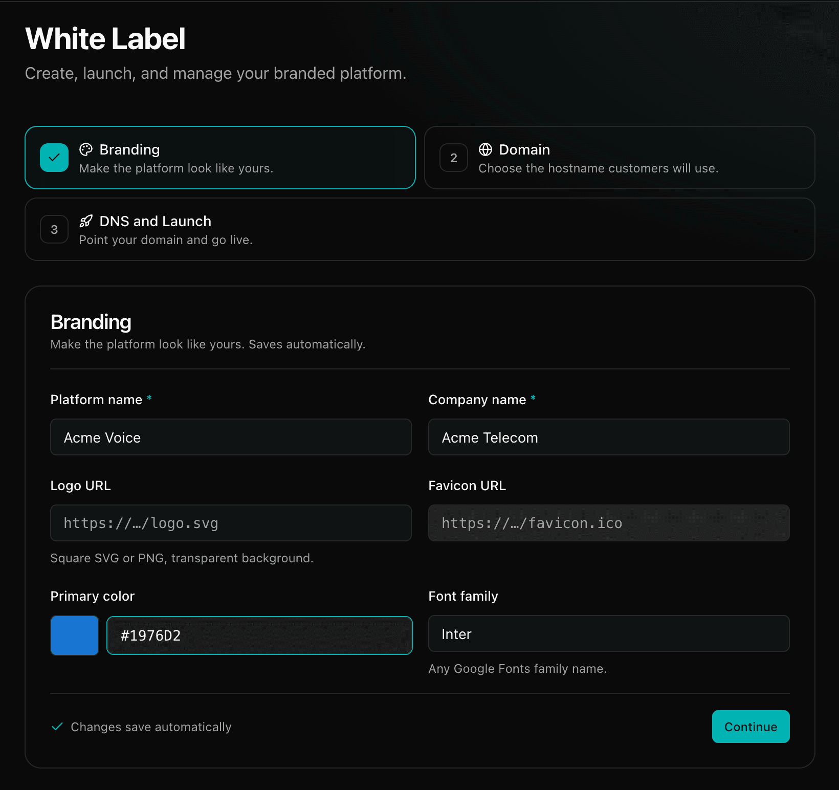 Branding step with a live preview