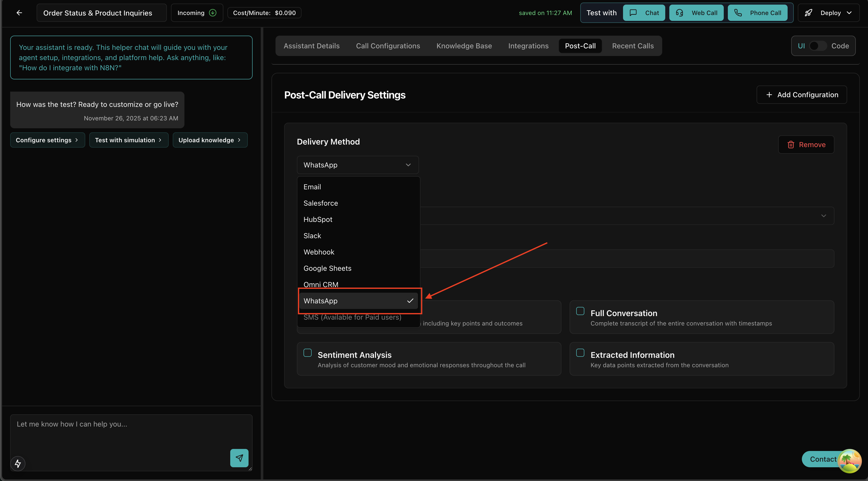 Select Post-Call WhatsApp
